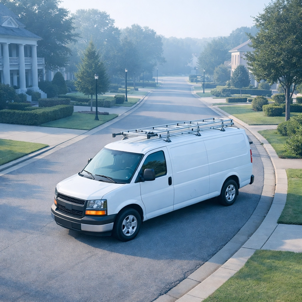 Pest control service vehicle in an Alabama neighborhood, representing high route density and business efficiency.