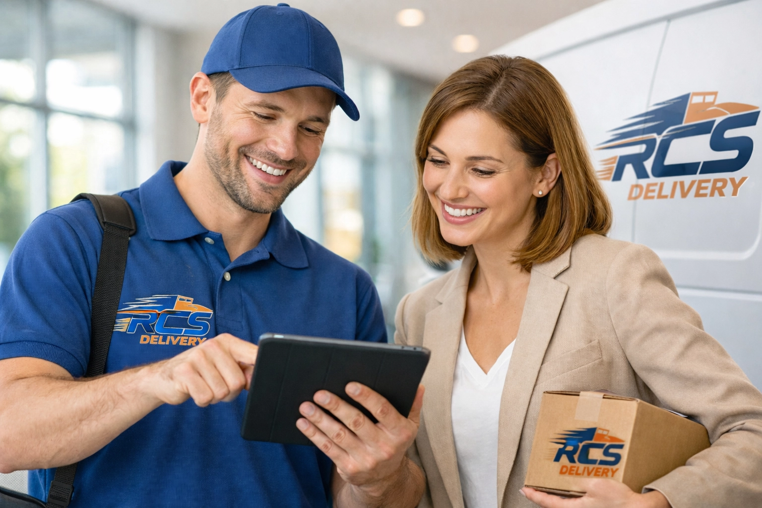 Courier and client reviewing real-time delivery tracking on tablet in office lobby