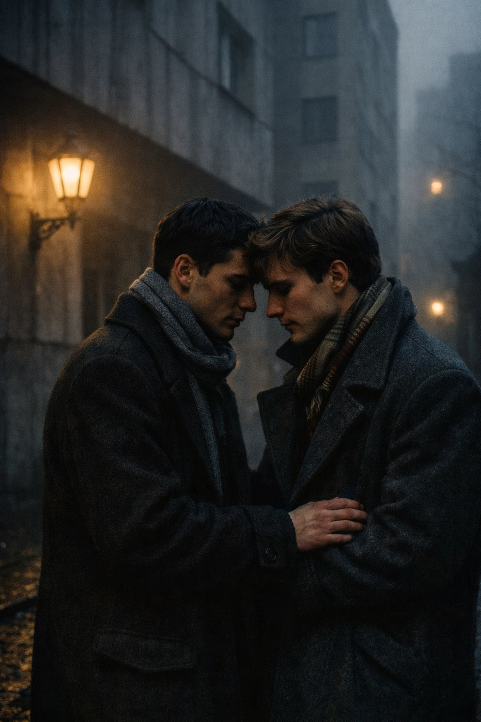 Two gay men in 1980s coats in a foggy Warsaw alleyway during the Operation Hyacinth era in Poland.