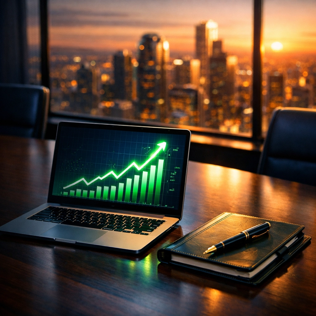 Financial growth chart on a laptop in a modern boardroom representing a fractional CFO's strategic impact.