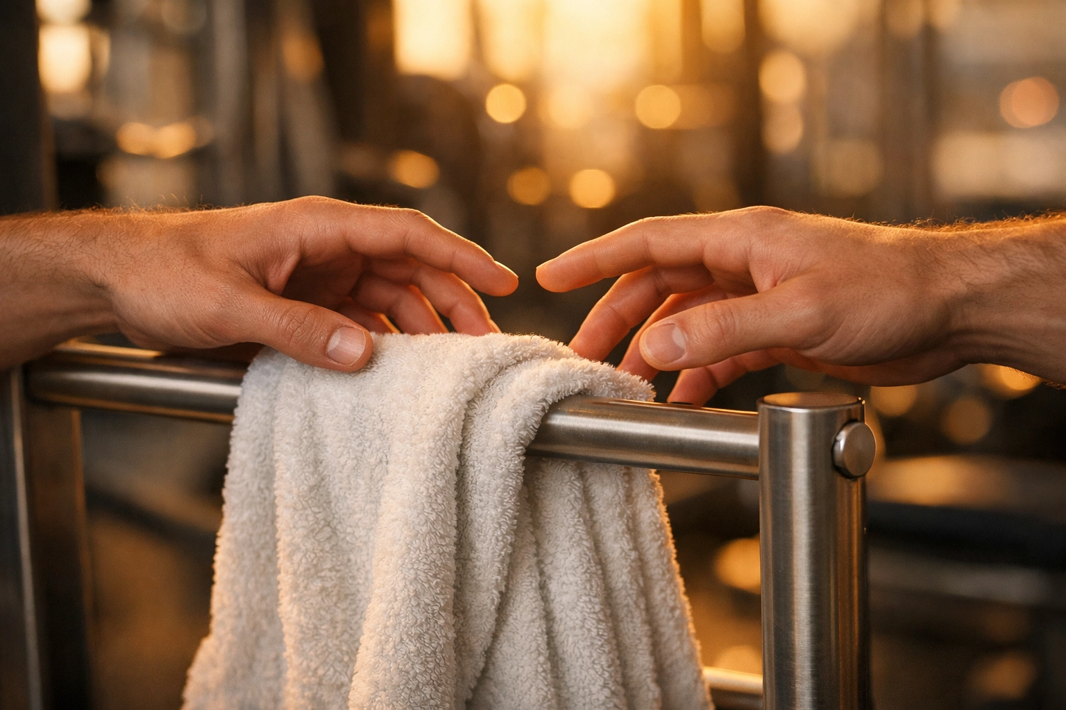 Two men's hands nearly touching reaching for gym towel - slow burn romance moment
