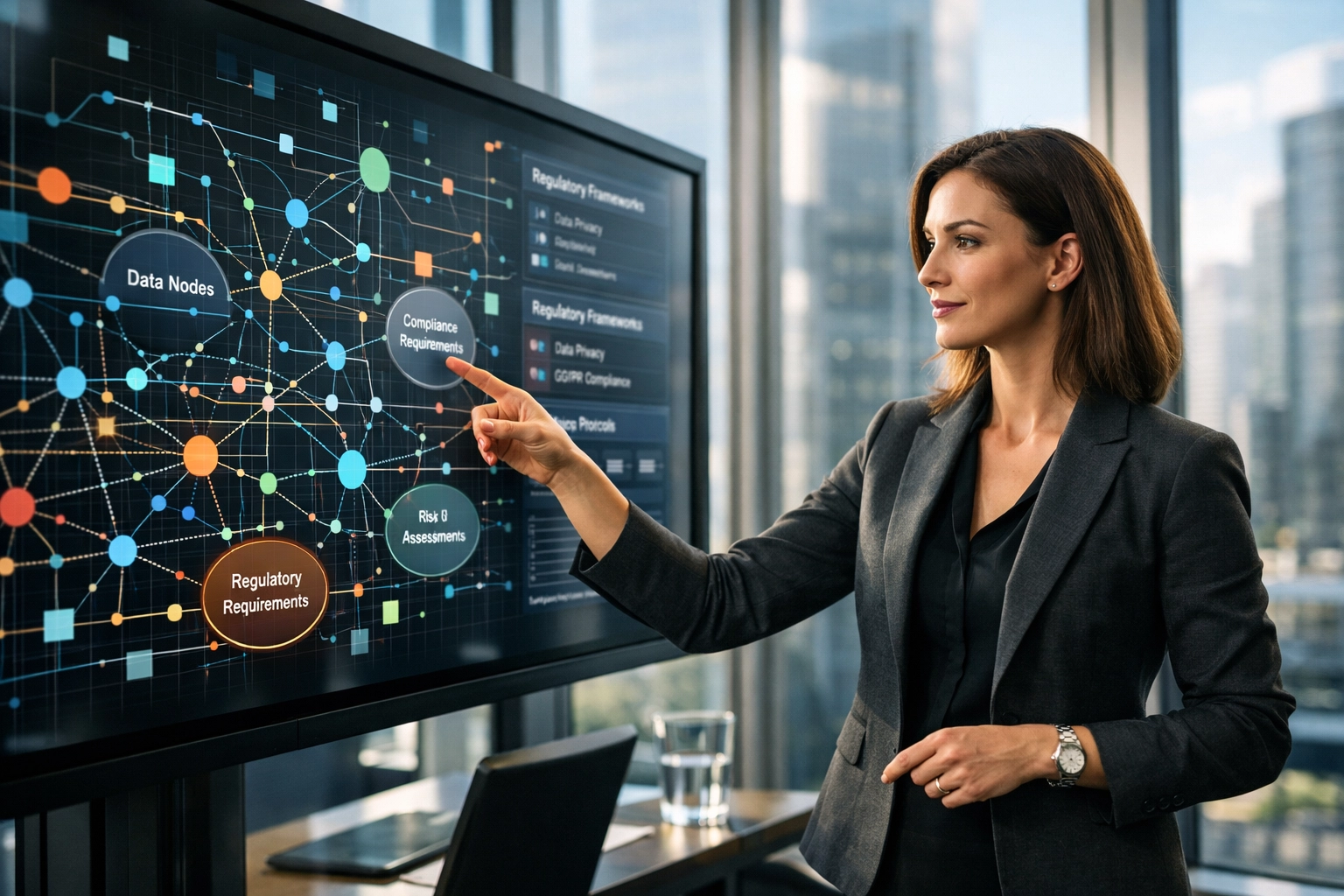 ServiceNow implementation partner expert presenting regulatory compliance and industry data in a boardroom.