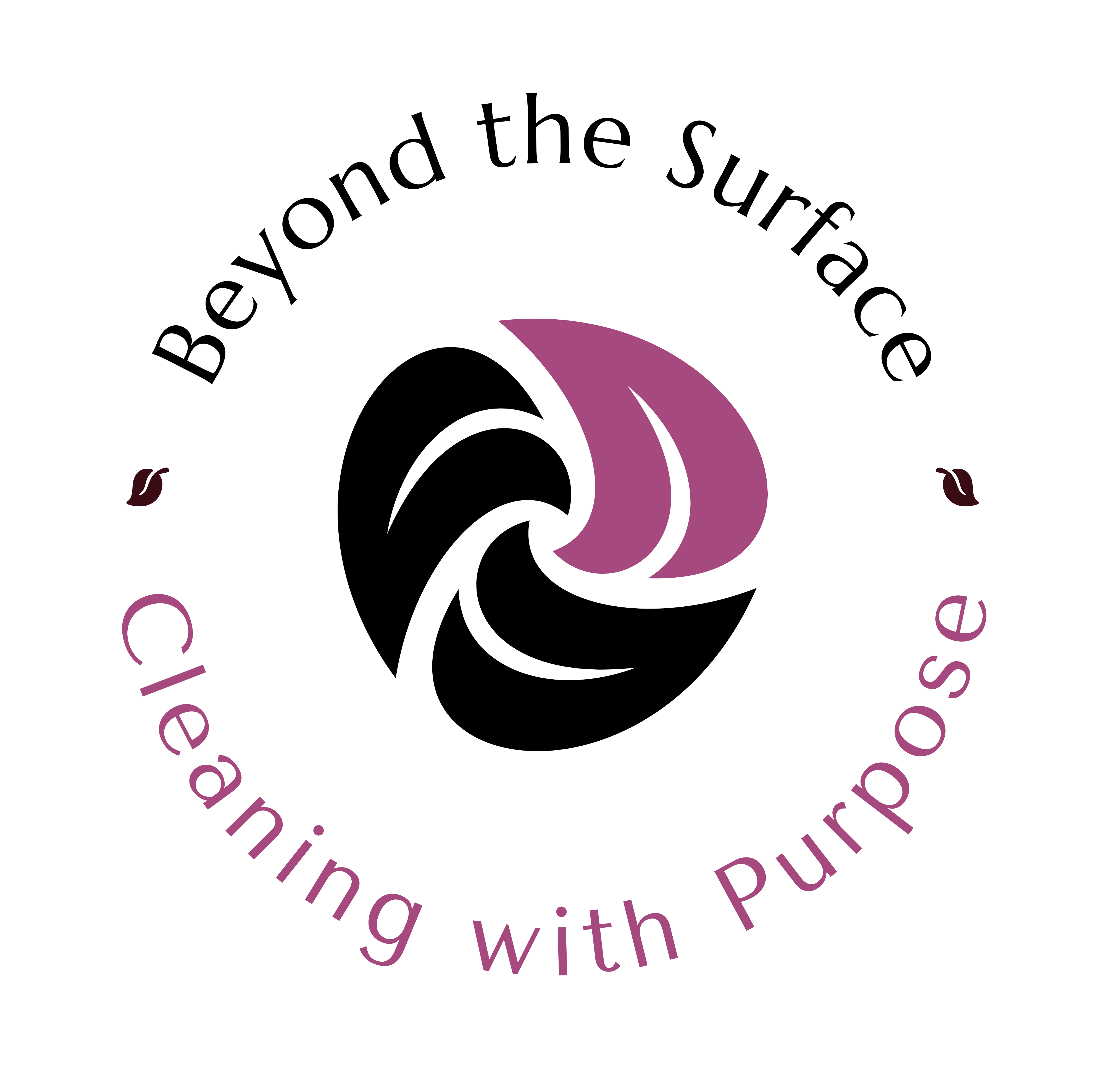 Beyond the Surface Solutions Logo Logo featuring a stylized swirl in purple and black, surrounded by the text 'Beyond the Surface' and 'Cleaning with Purpose.' Two small leaf icons are on each side of the swirl, emphasizing the company's focus on meaningful, purposeful cleaning.