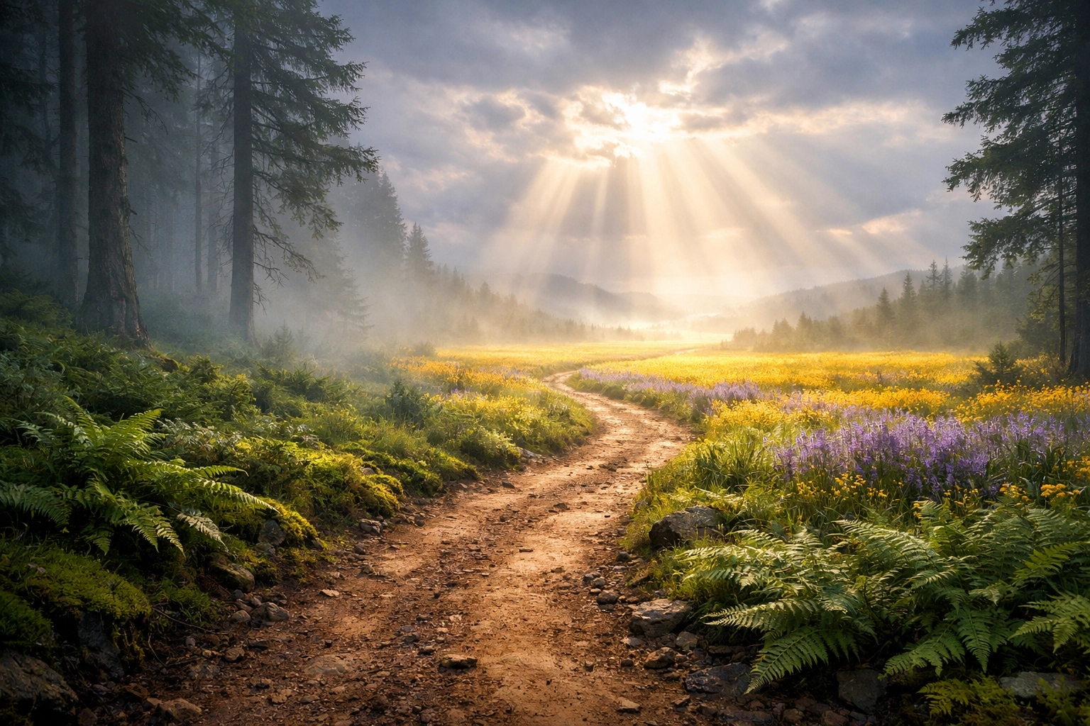 Winding path from misty forest into sunlight, symbol of grief healing journey and faith-based restoration