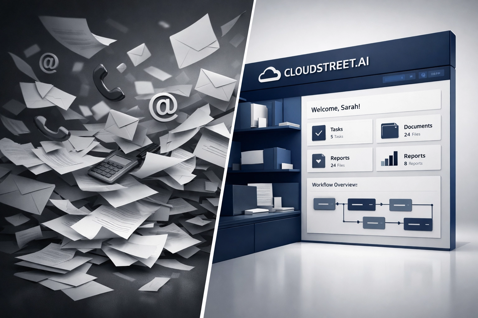 Before and after comparison: manual paper processes transformed into digital B2B portal automation