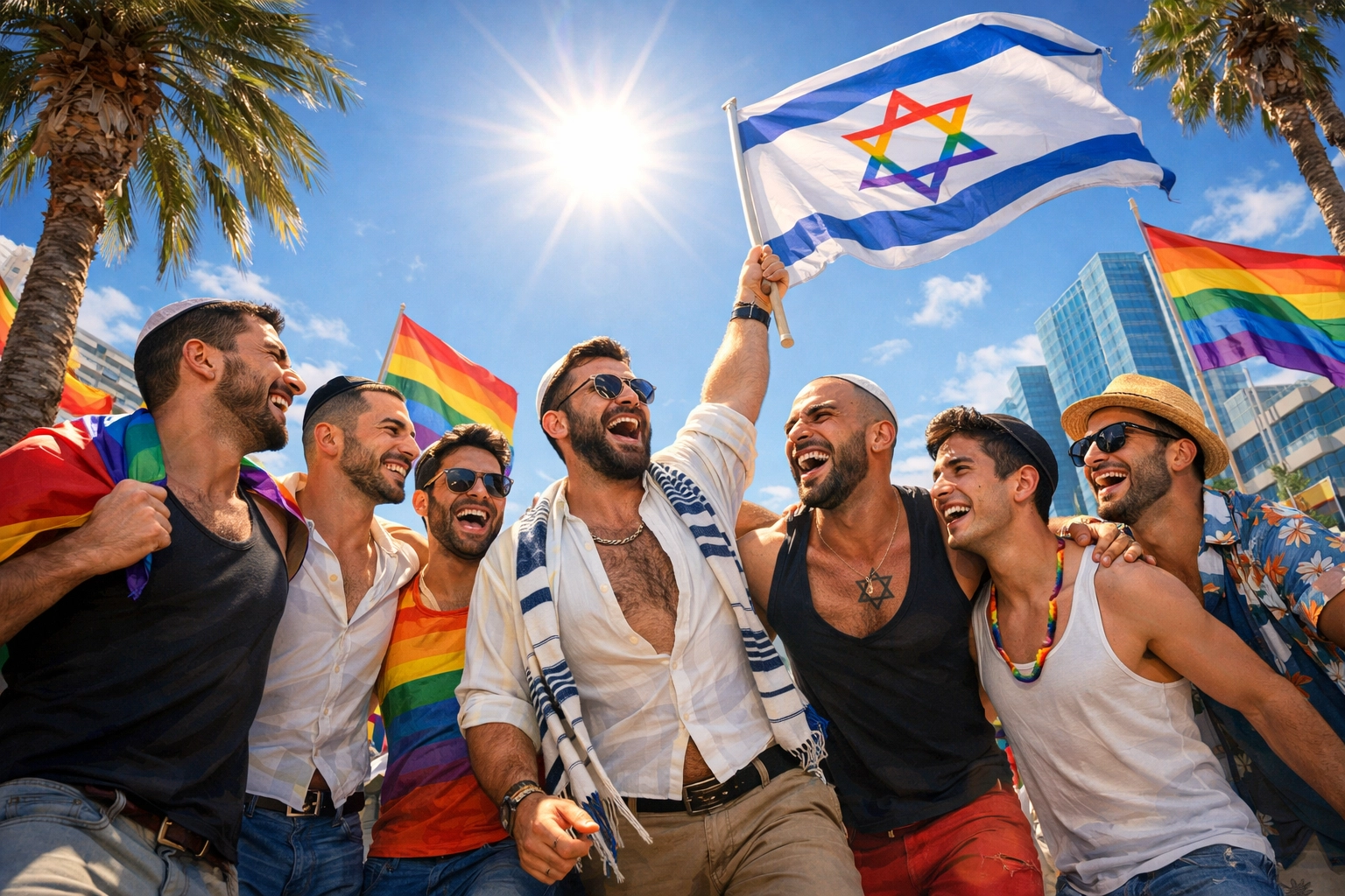 Diverse group of gay Jewish men celebrating at a vibrant Mediterranean Pride event with rainbow flags.