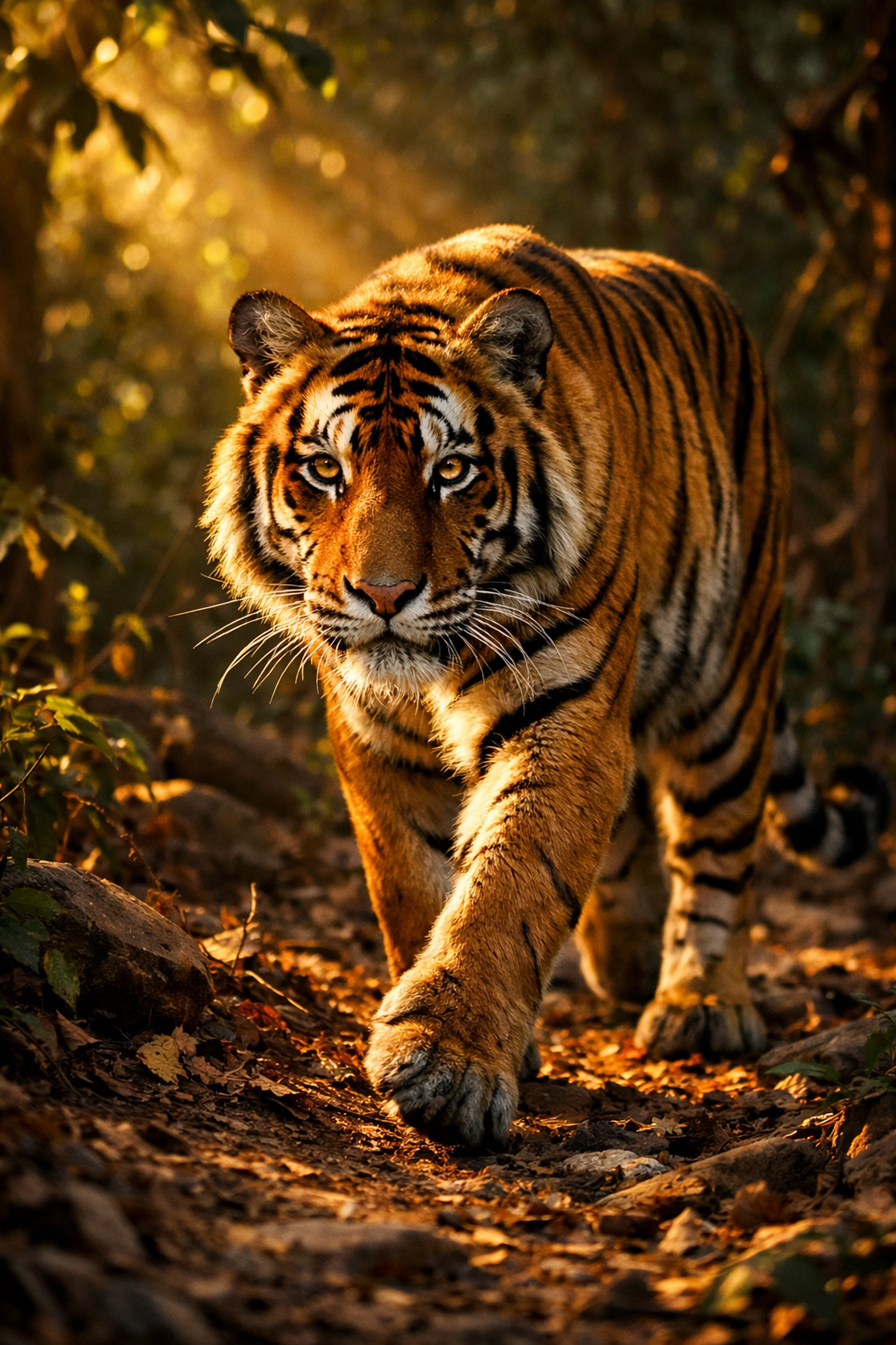 Majestic Bengal Tiger walking through a sun-dappled jungle, highlighting visual storytelling for brand engagement.