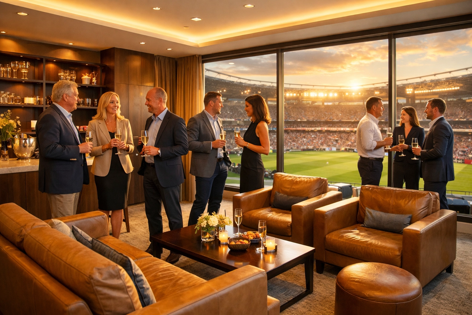 Luxury corporate hospitality suite at stadium with executives networking during Super Bowl event