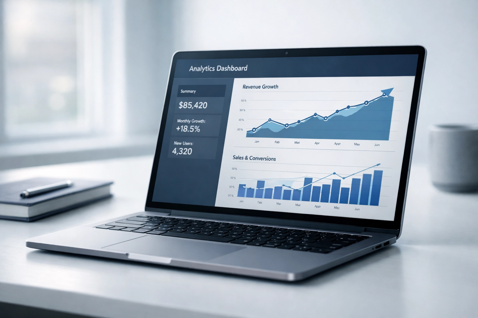 Laptop displaying revenue analytics dashboard tracking SEO performance metrics