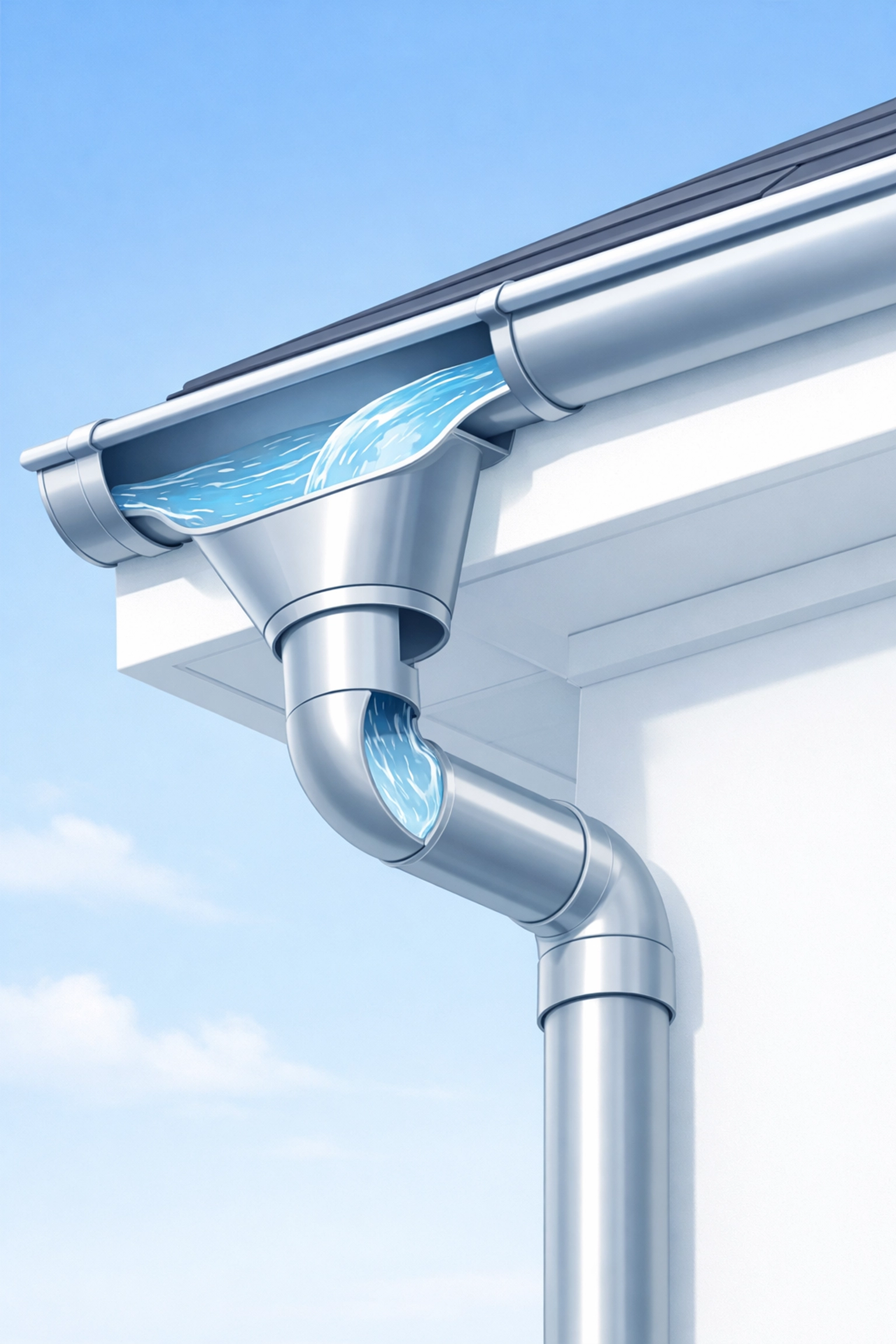 Efficient gutter system and downpipe providing superior water drainage for a Sydney residential roof.