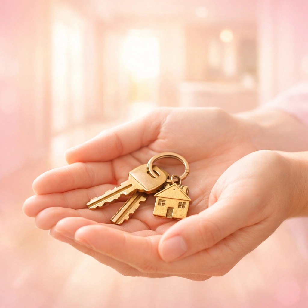 Hands holding house keys in a bright hallway, symbolizing a fresh start through domestic violence housing assistance.