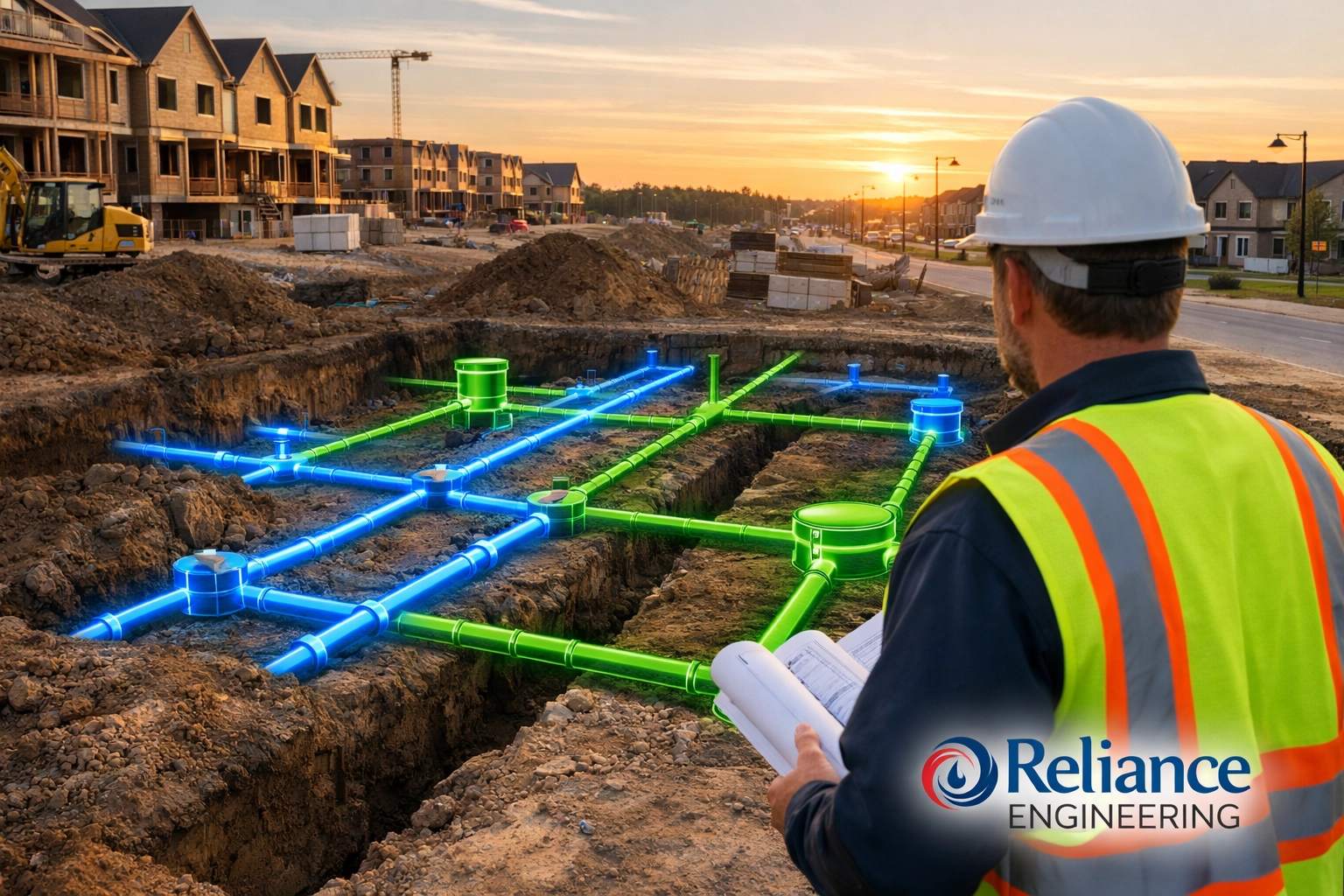 Engineer inspecting Ontario development site with water and sewer infrastructure overlays for a servicing report.