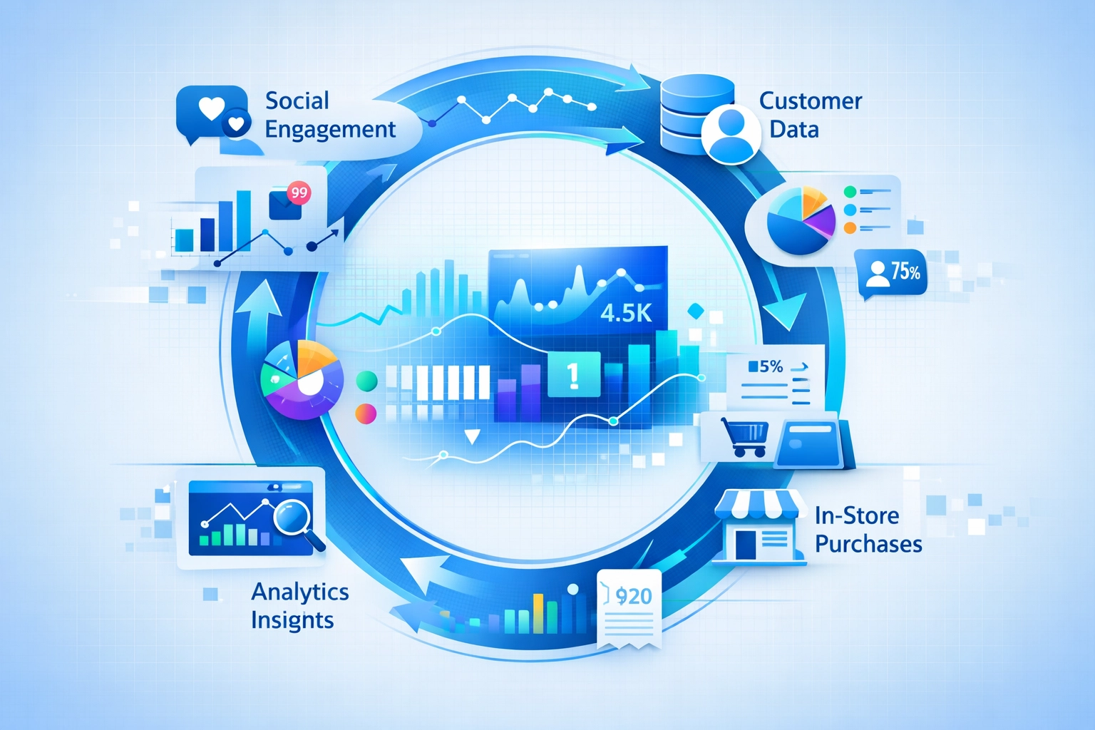Closed-loop customer data flow showing social engagement to in-store purchase analytics