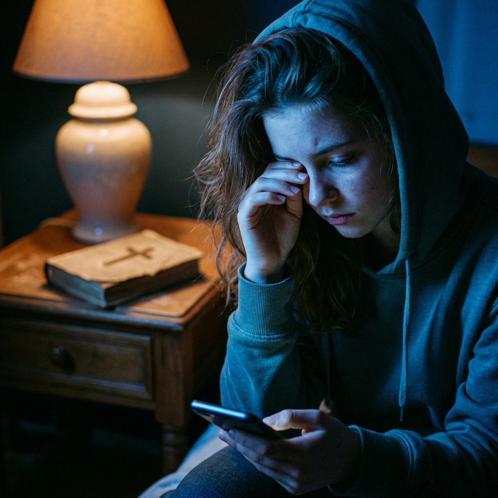 Exhausted teen daughter using a smartphone at night, showing signs of social media fatigue and lost rest.