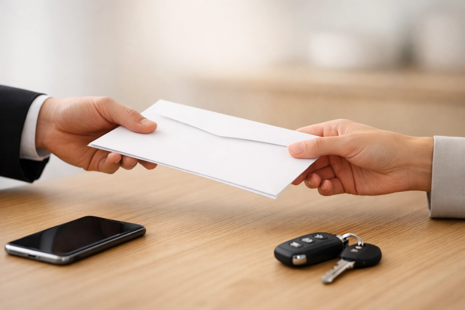 Exchange of completed apostille documents in an envelope highlighting professional and convenient mobile service.