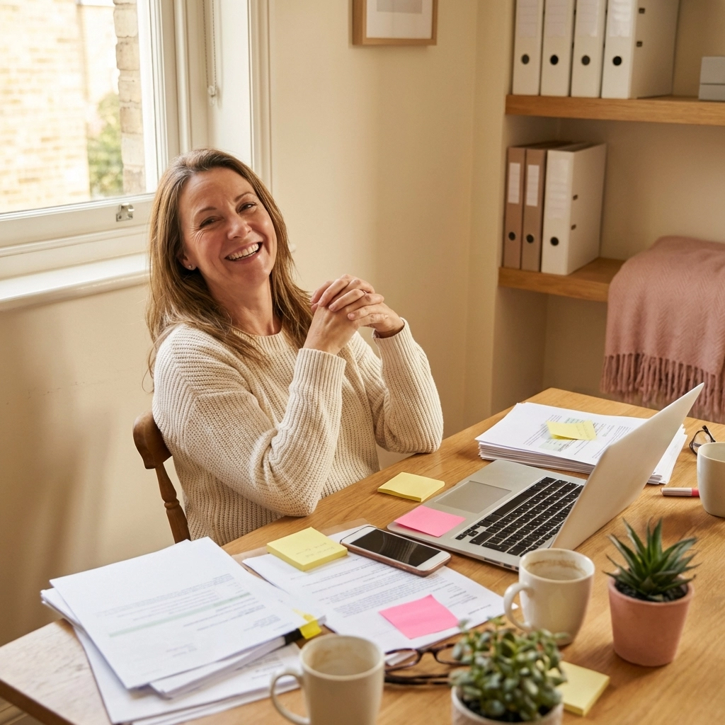 Small business owner looking relieved at cluttered desk, symbolizing regained focus with virtual assistant help.