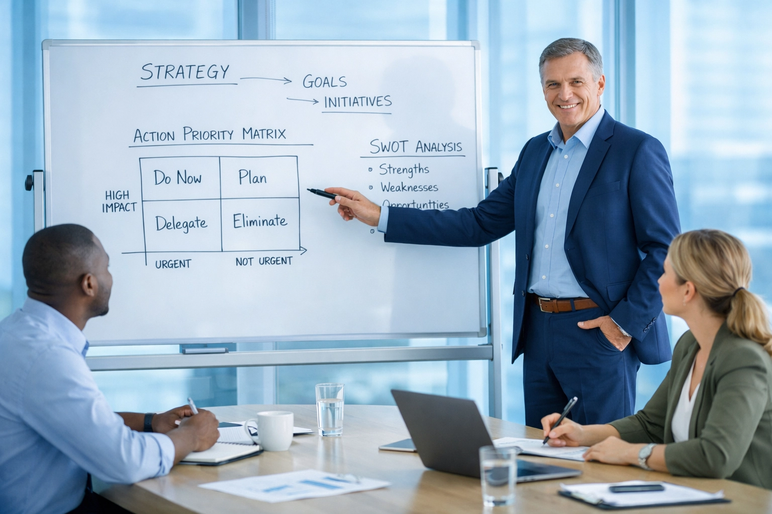 Leader conducting strategic planning session with team demonstrating resilience coaching approach