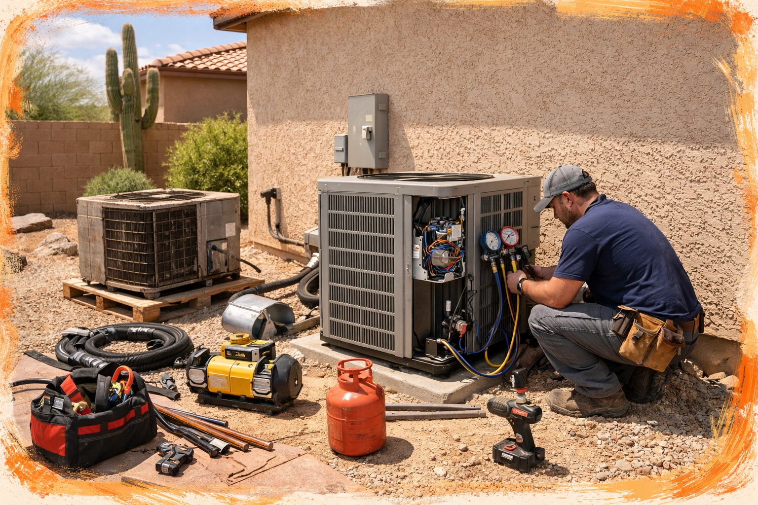 HVAC technician replacing air conditioning unit in Arizona home backyard showing major repair disruption