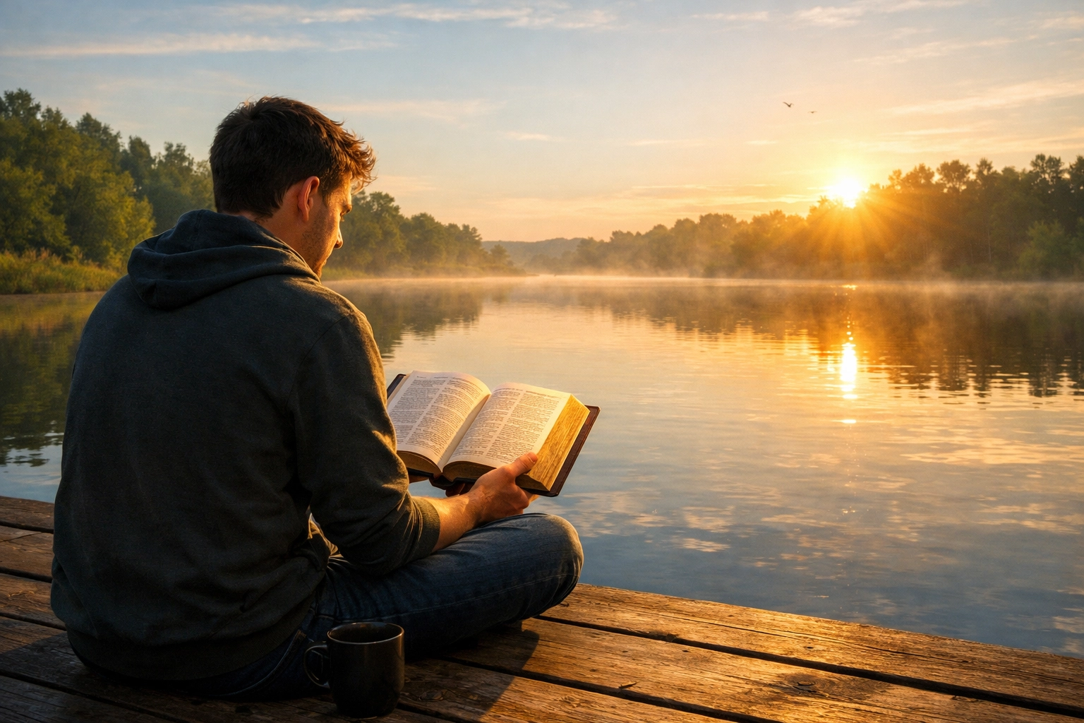 A young man peacefully reading his Bible at dawn, reflecting on biblical strategies for anxiety and peace.