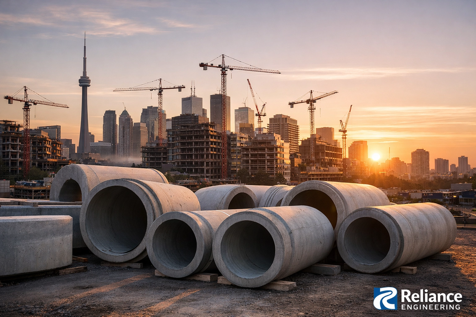 Concrete sewer pipes on a Toronto construction site for a municipal capacity analysis project.