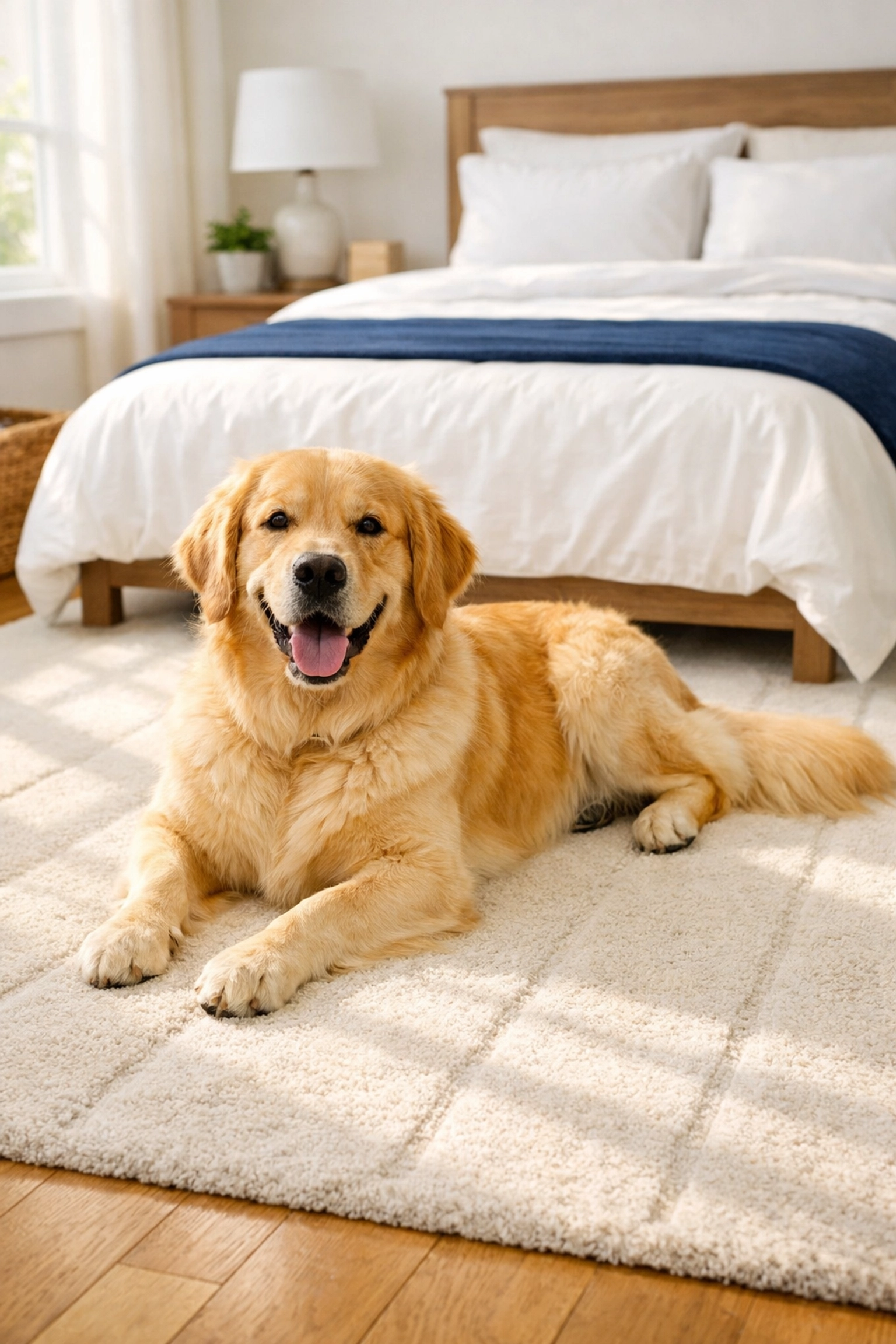 A happy dog on a vacuumed rug in a clean bedroom, highlighting pet-friendly house cleaning services in Carlisle, MA.