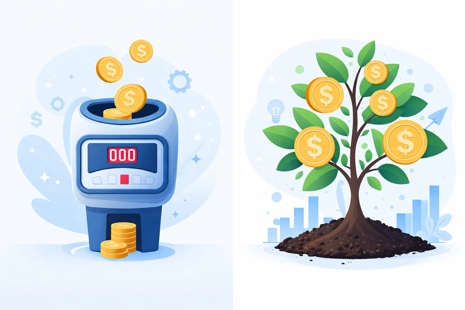 Vector image showing pay-per-click ad costs on one side and long-term SEO investment growth on the other