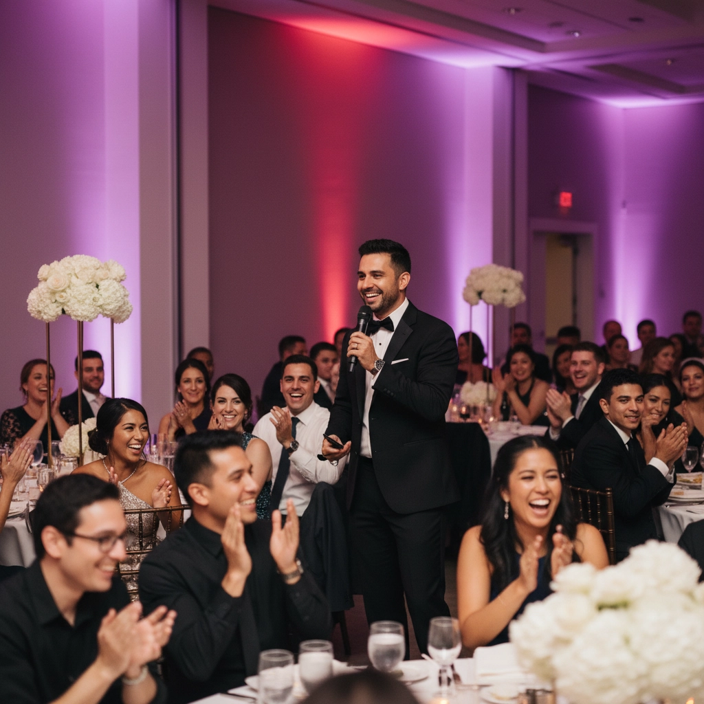 Groom telling a joke because of wedding DJ in Houston, Texas