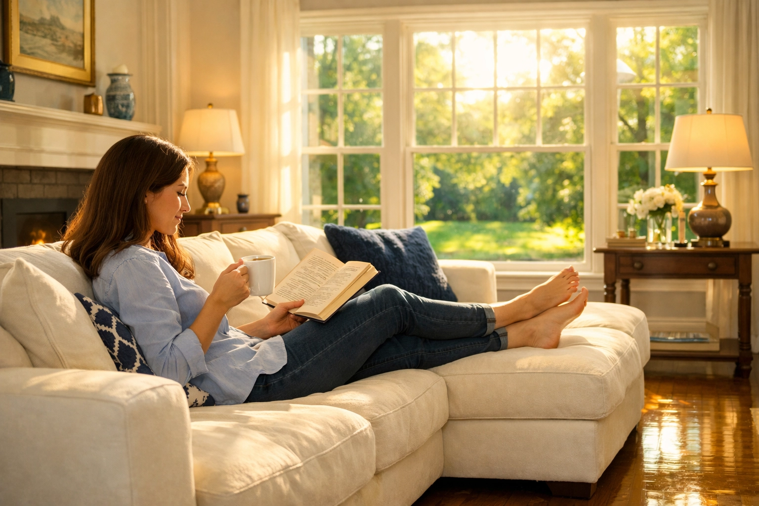 Homeowner relaxing in a clean Lexington home thanks to the time saved by house cleaning services MA.