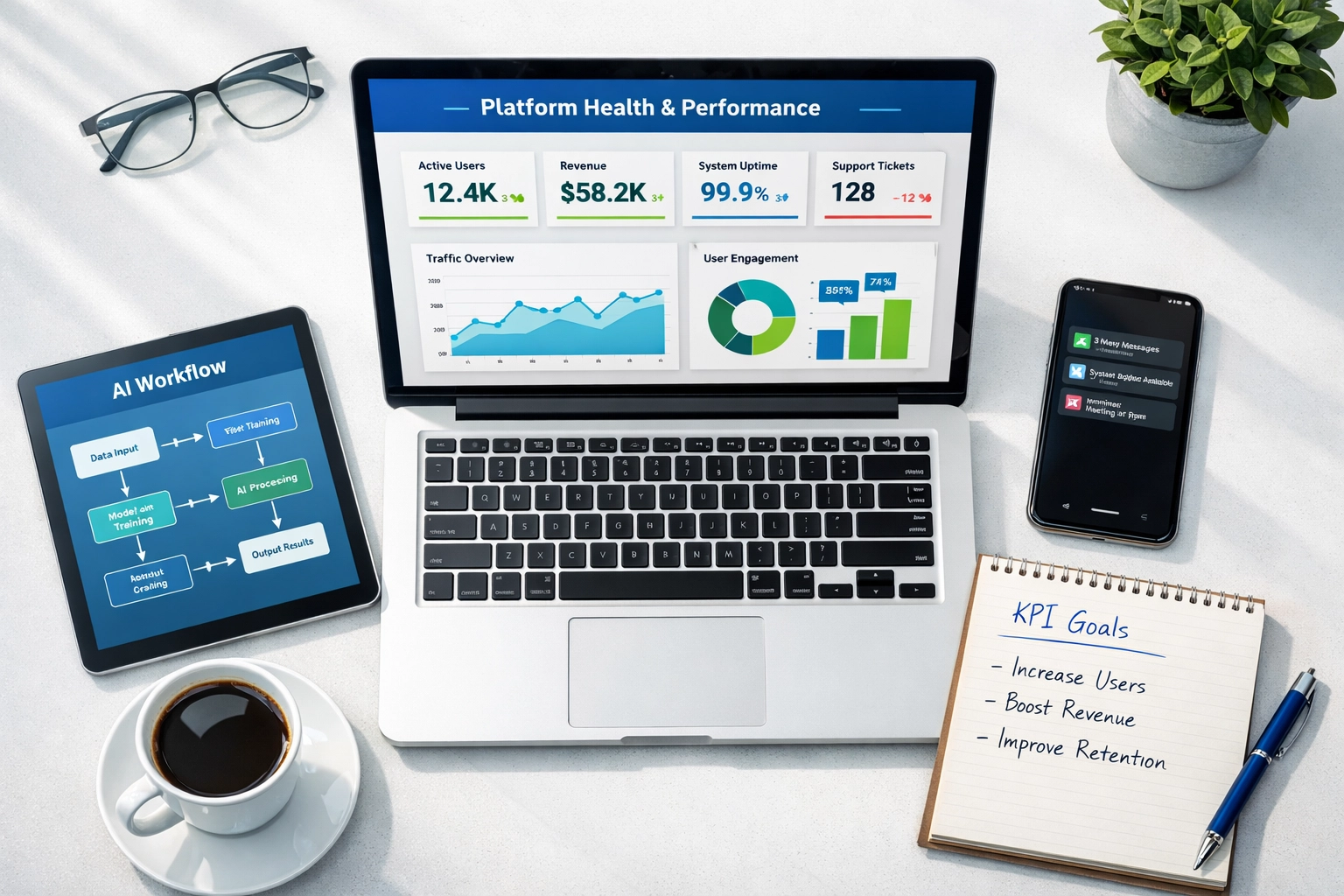 Platform health monitoring workspace displaying ServiceNow ITOM performance KPIs and AI workflow analytics