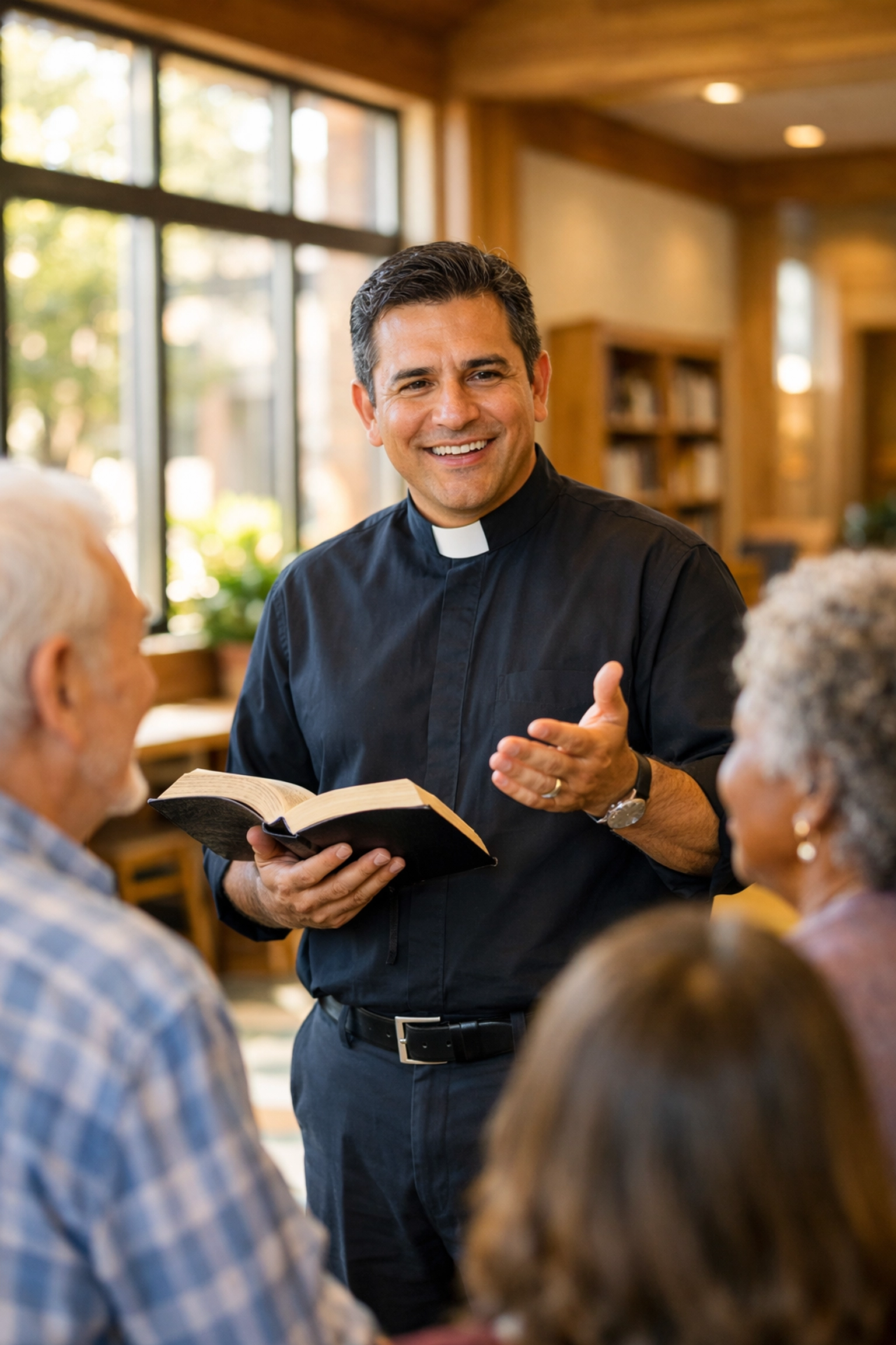 Hispanic pastor in a clerical collar practicing competency-based theological education within a local church community.