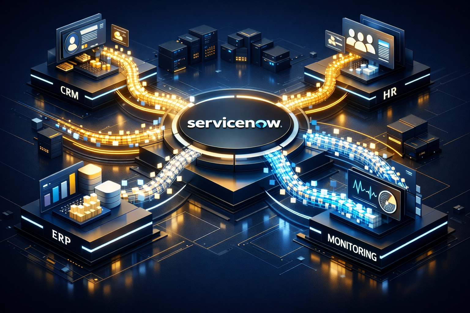 ServiceNow data integration hub connecting ITAM, ITOM, CRM, ERP and enterprise systems