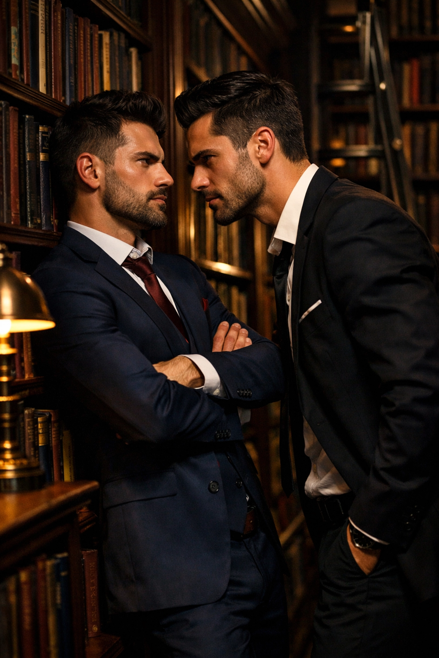 Enemies to lovers MM romance scene with two men arguing flirtatiously in a library.