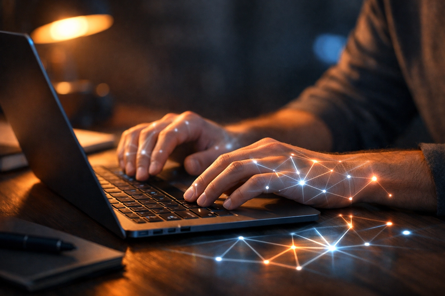 Hands using a laptop to optimize local newspaper marketing with AI search technology.