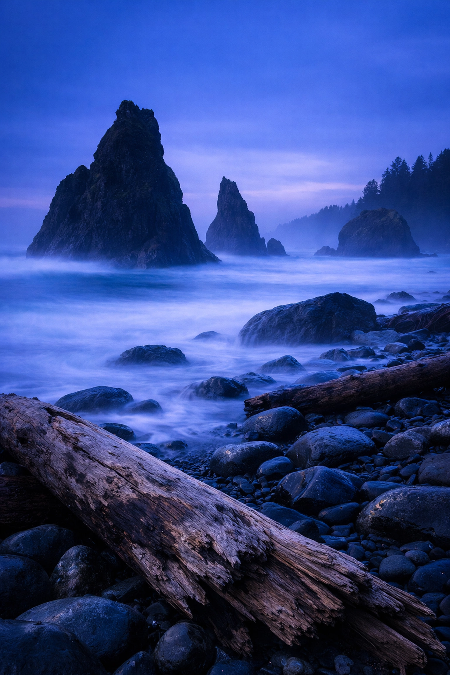 Misty long exposure of sea stacks at Ruby Beach, a top Olympic National Park photography location.