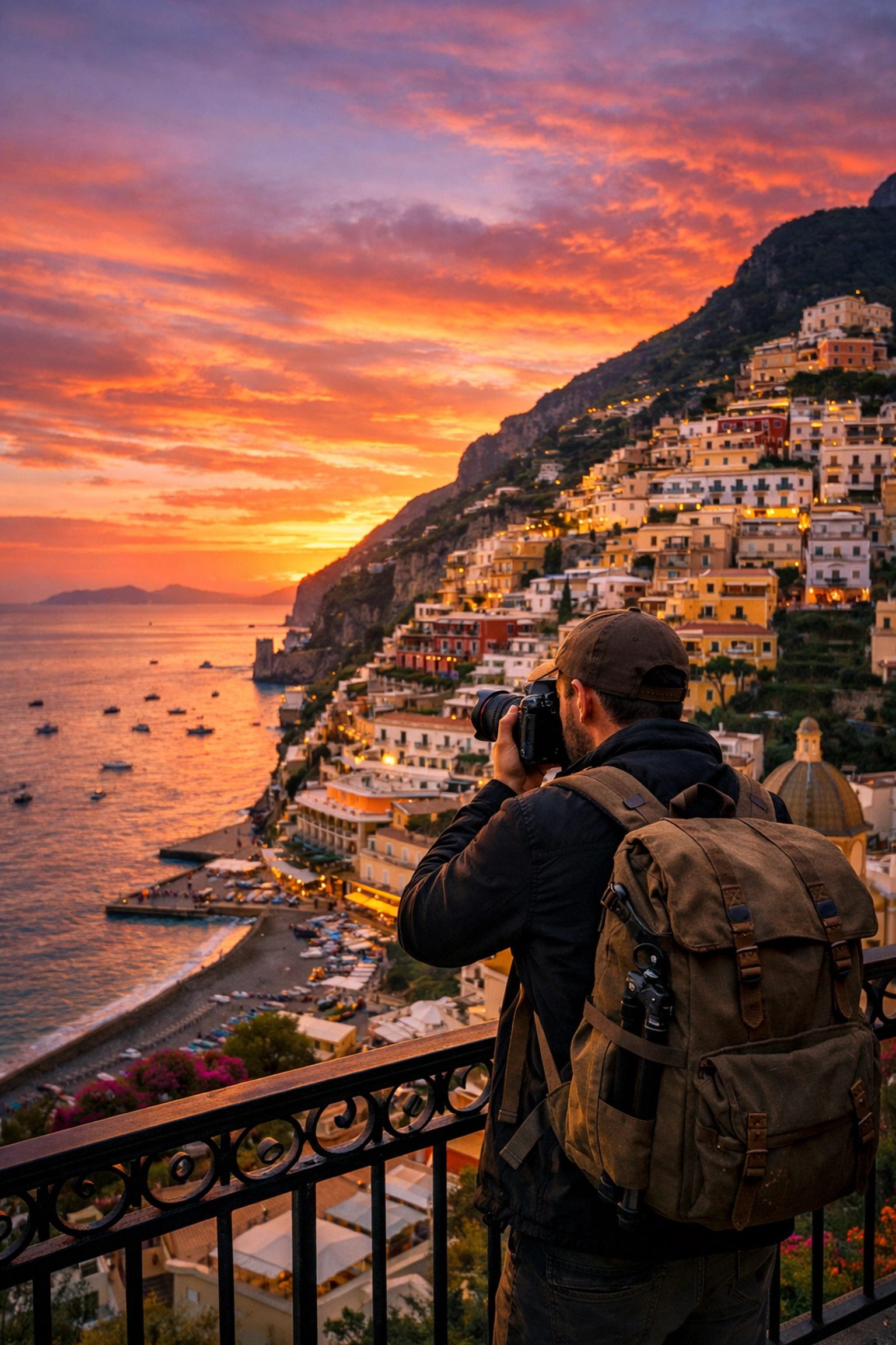 The Ultimate Guide to ProShoot.io: Everything You Need to Succeed in the New Photo Economy 4 A travel photographer capturing a sunset over the Amalfi Coast, showcasing the nomadic photo lifestyle.