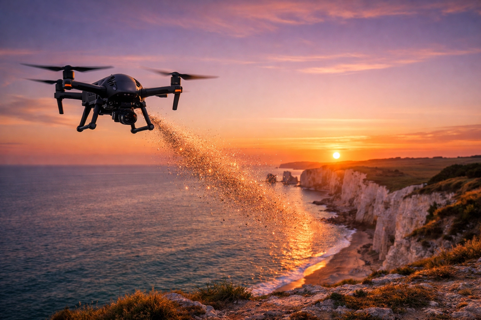 Dignified ashes scattering service using a drone over a scenic UK coastline at sunset.