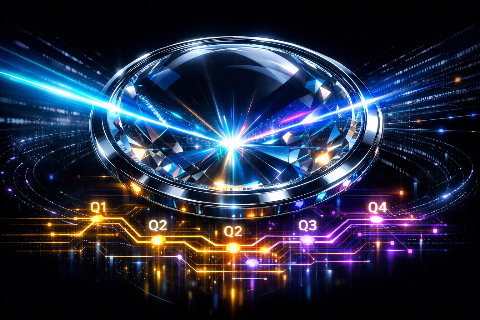 12-month digital marketing plan template roadmap with glowing quarterly milestone markers