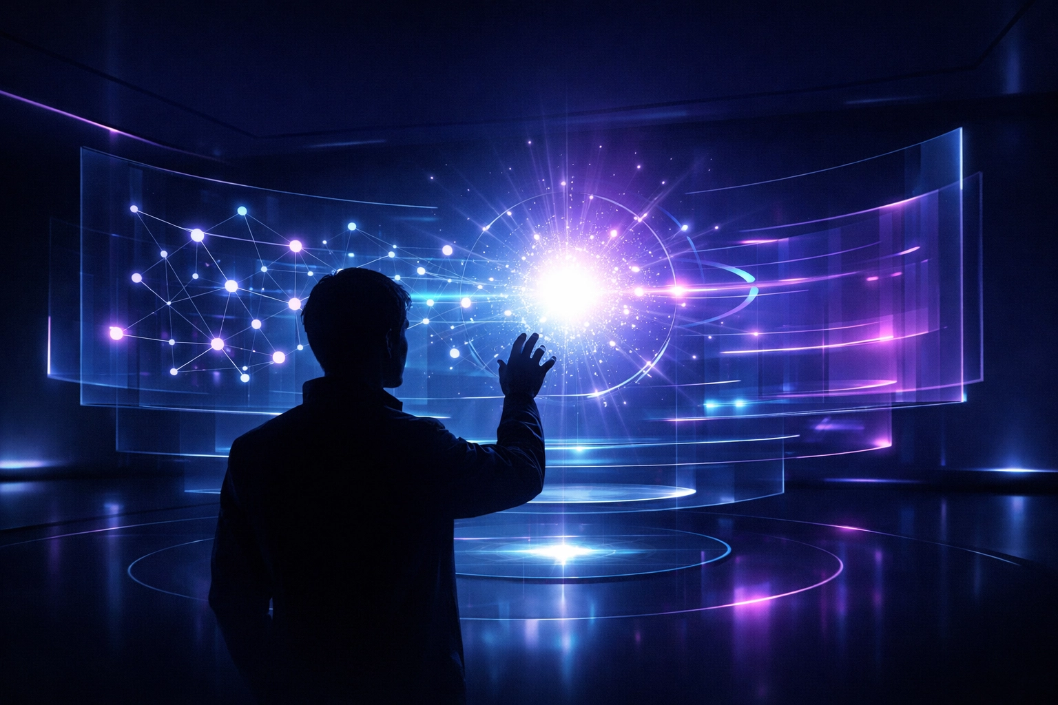 Business owner interacting with a digital interface to optimize website data for AI search engines.