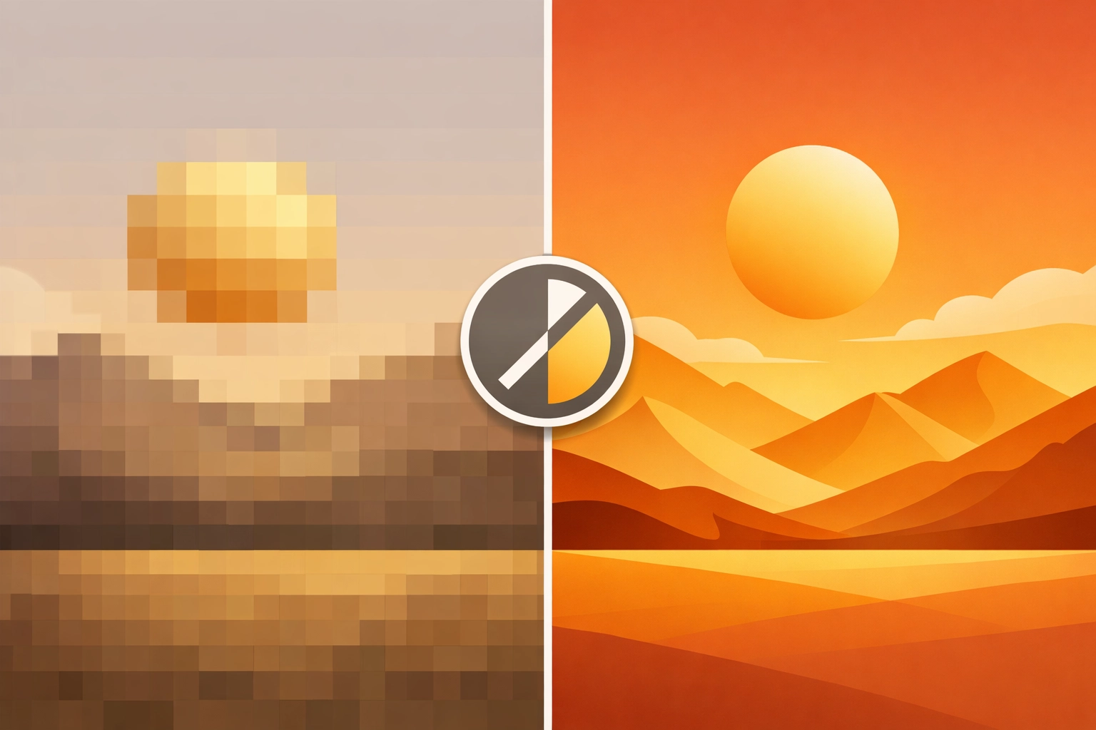 Comparison of low-resolution pixelated image versus high-resolution print-quality image