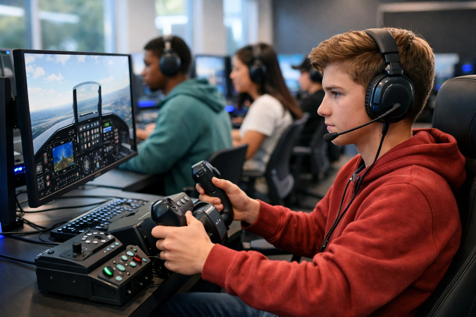 High school students engaging in educational simulation using professional esports gaming pods in a modern lab.