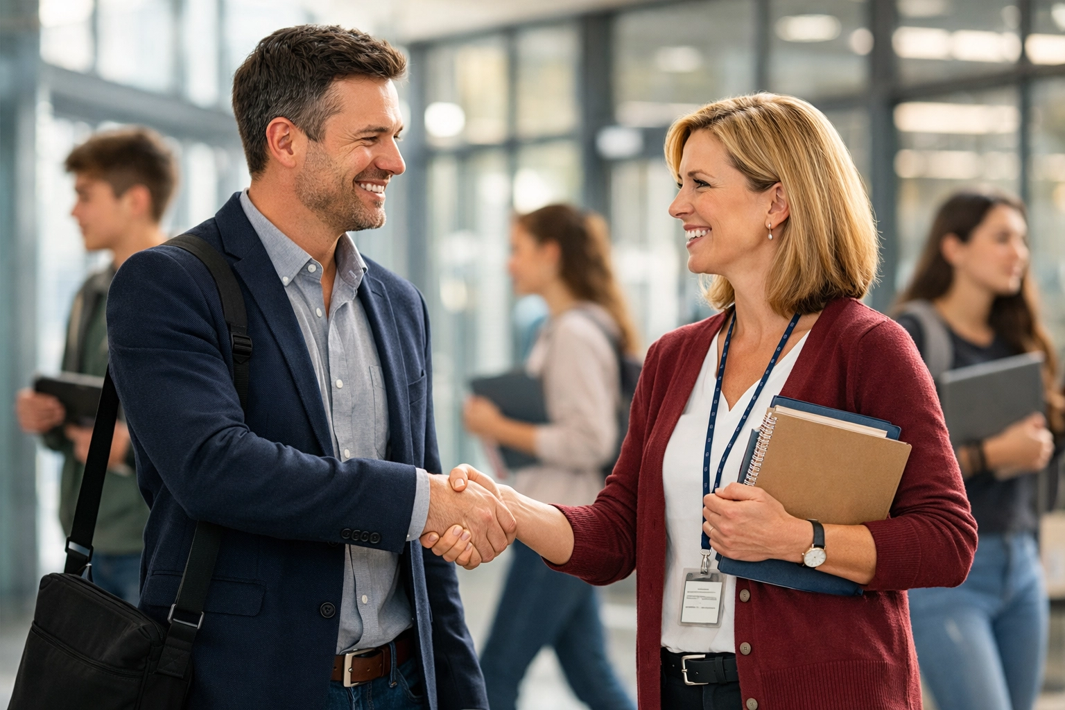 Tech professional and high school teacher shaking hands to establish a strategic talent recruitment partnership.