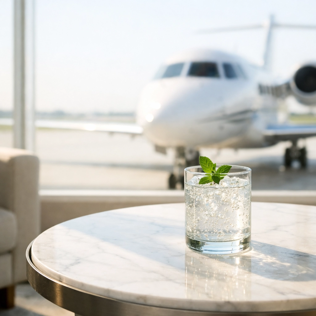A luxury private jet waiting outside a serene, minimalist airport terminal lounge.