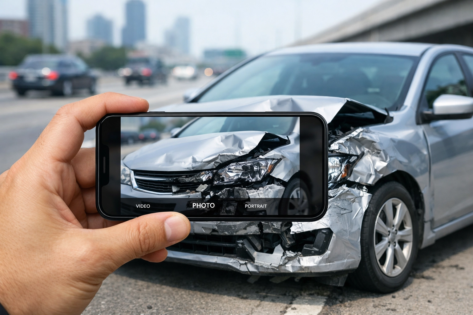 Photographing vehicle damage on a Houston highway for an accident evidence collection checklist.