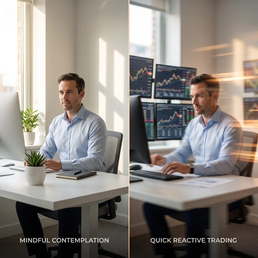 Man in blue shirt at desk, left side calm with plant; right side blurred motion trading screens. Text: Mindful Contemplation, Quick Reactive Trading.