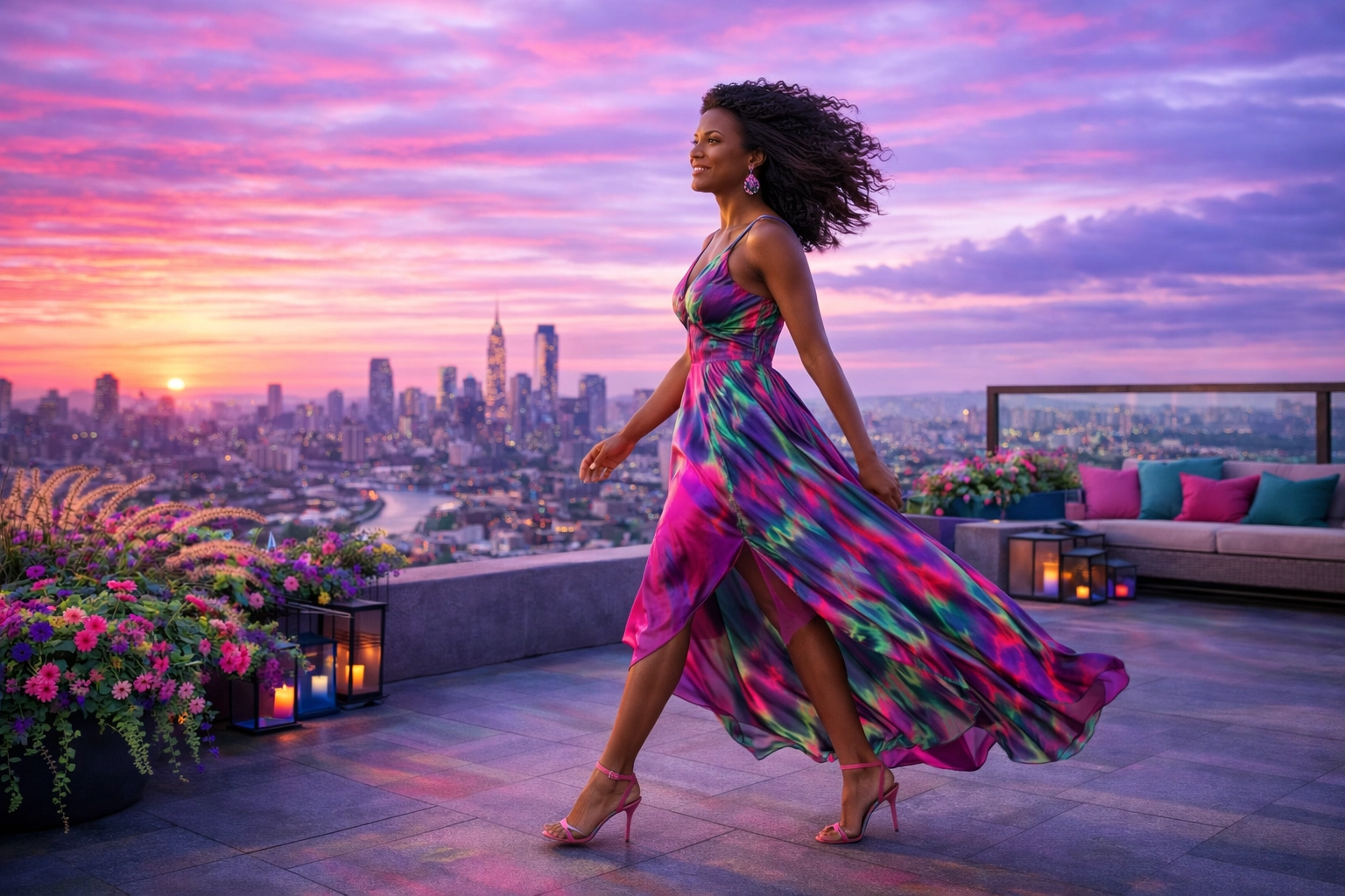 Confident woman taking action on a rooftop, symbolizing the results of a confidence-led growth strategy.