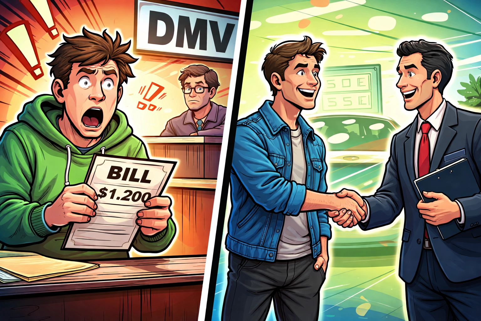 Comparison of DMV sticker shock and car dealership experience for Missouri used car buyers