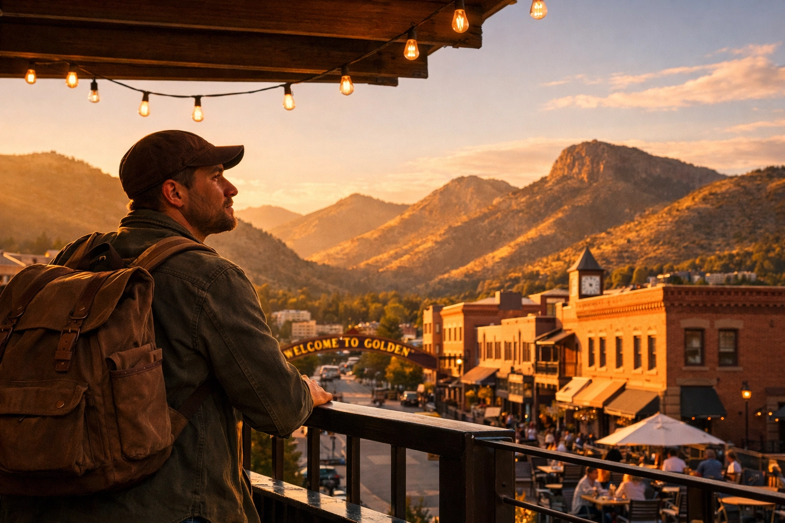 An environmental portrait of a traveler enjoying the mountain views in downtown Golden, Colorado.