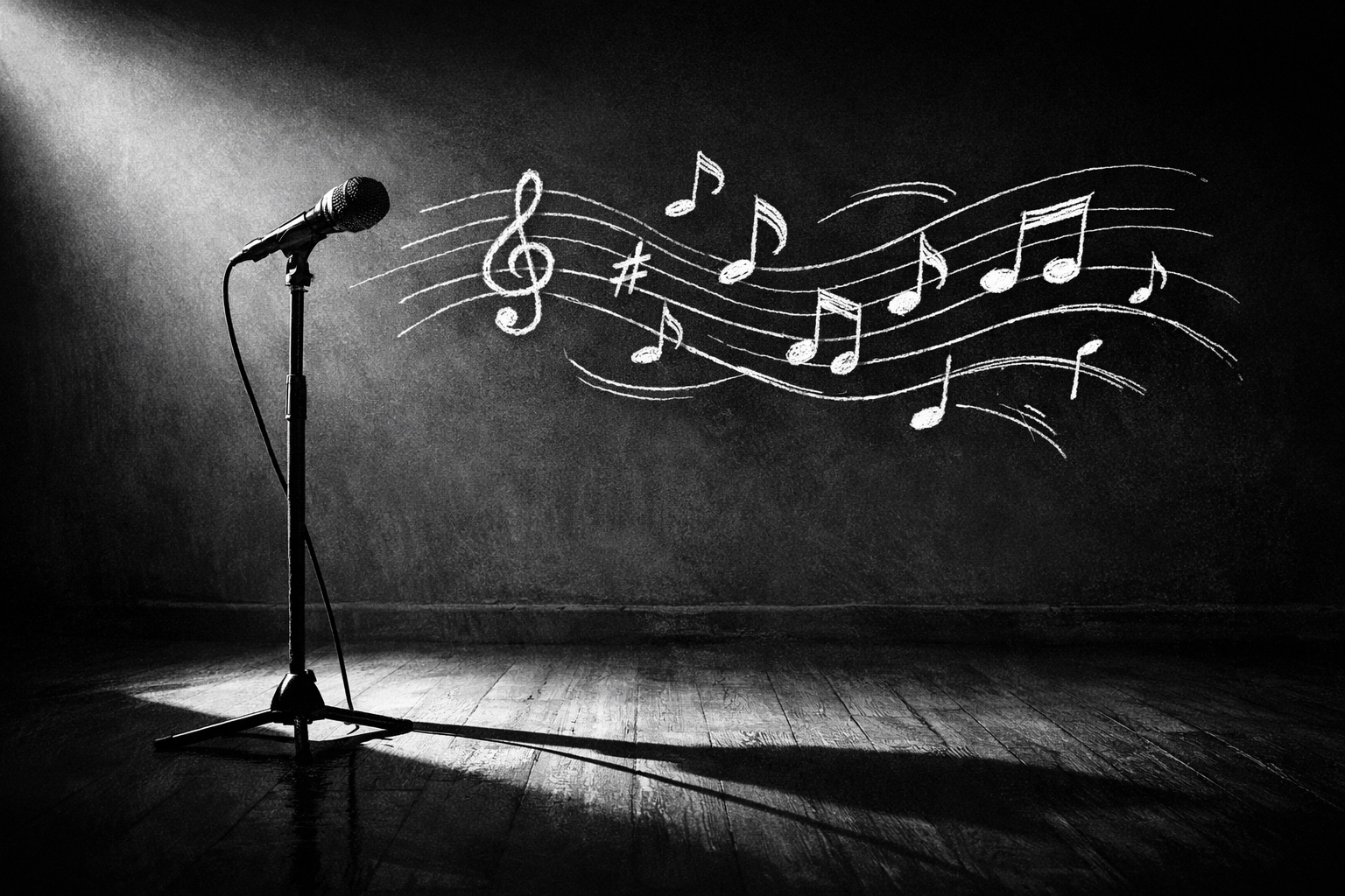 Microphone with floating musical notes representing songwriting performance and sharing