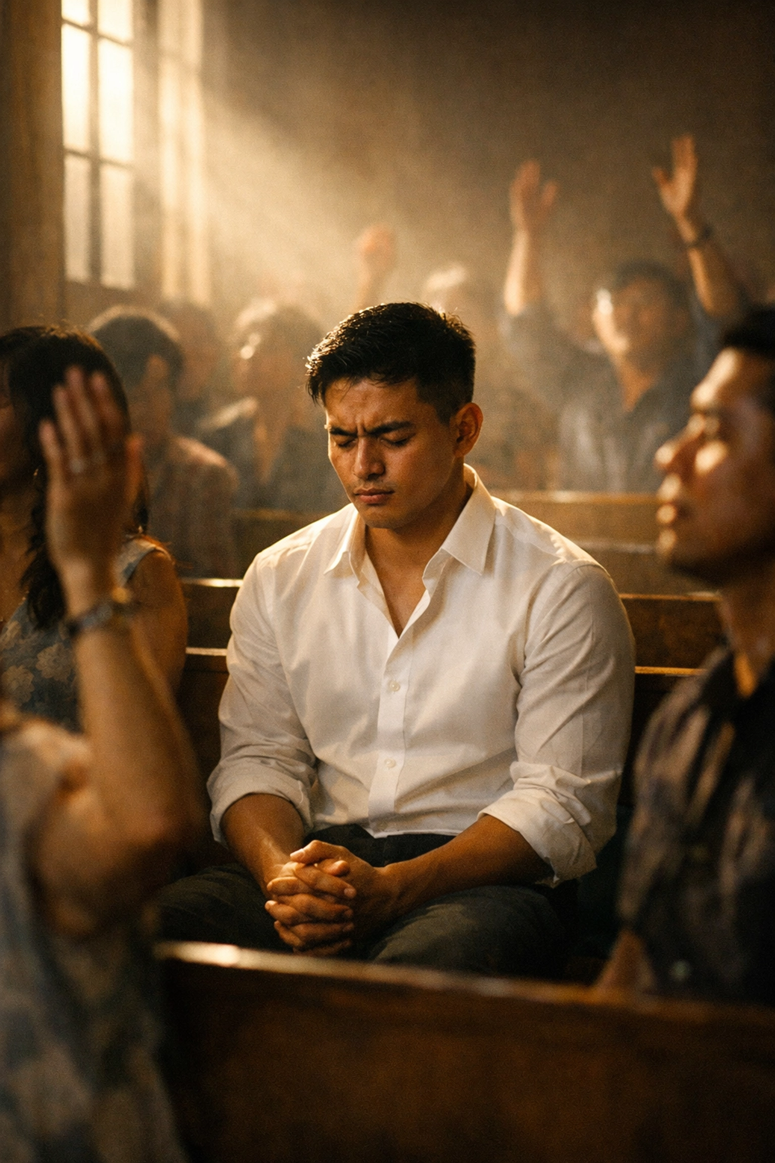 Gay Nigerian man praying alone in Pentecostal church struggling with faith and identity