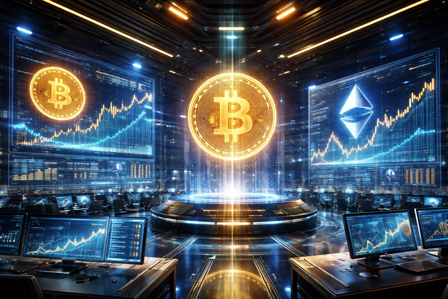 Institutional crypto investing visualized with advanced digital asset data displays and cryptocurrency growth charts